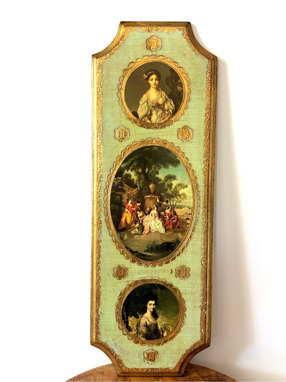 Vintage Handmade Italian FLORENTINE TOLEWARE WOOD PLAQUE - LANCRET 20-1/4" x 7"